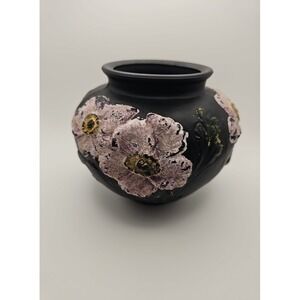 Antique Tiffin Coralene Embossed Handpainted  Poppy Vase Black Satin On Amethyst